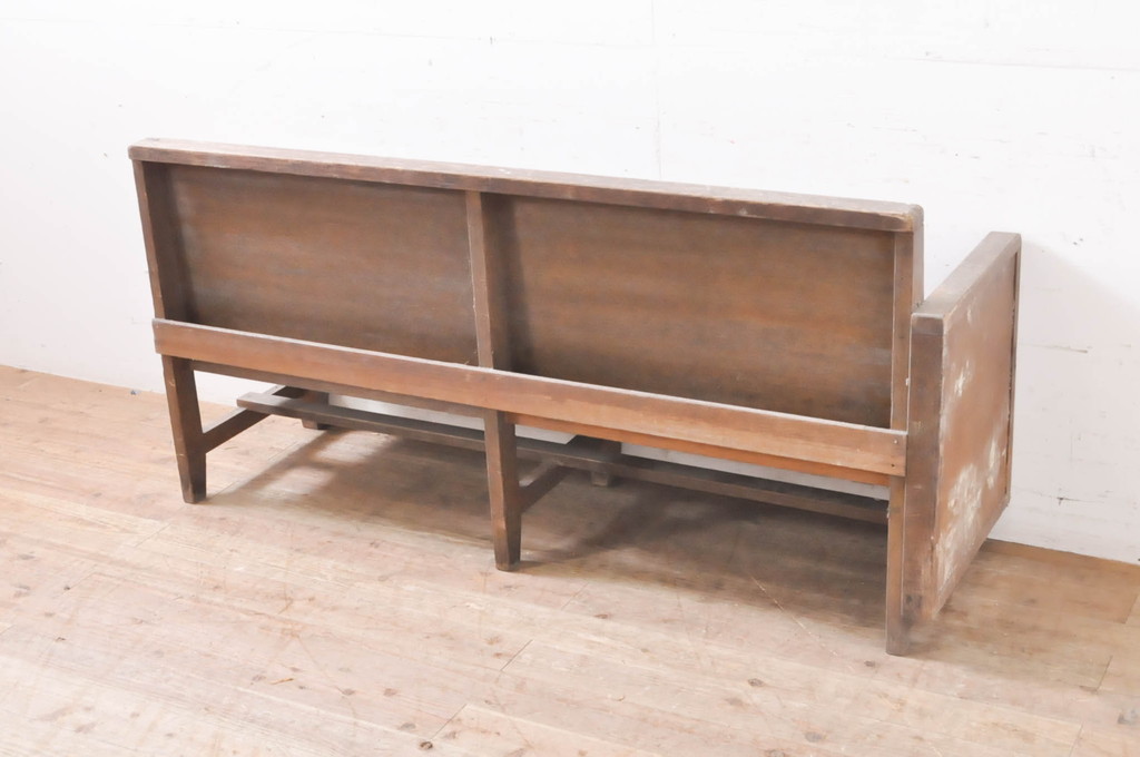 和製アンティーク　レトロな佇まいが魅力の木製ベンチ(長椅子、長イス、板座チェア、2人掛け、3人掛け)(R-066868)