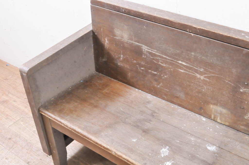和製アンティーク　レトロな佇まいが魅力の木製ベンチ(長椅子、長イス、板座チェア、2人掛け、3人掛け)(R-066868)