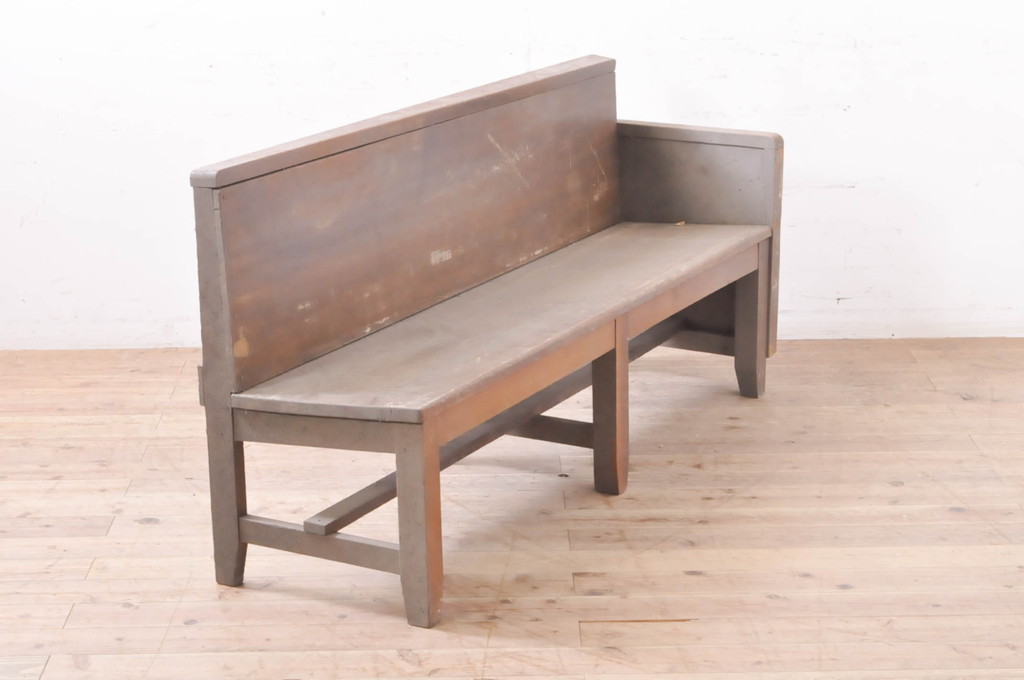 和製アンティーク　レトロな佇まいが魅力の木製ベンチ(長椅子、長イス、板座チェア、2人掛け、3人掛け)(R-066869)