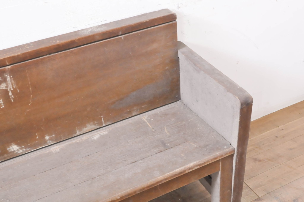和製アンティーク　レトロな佇まいが魅力の木製ベンチ(長椅子、長イス、板座チェア、2人掛け、3人掛け)(R-066871)