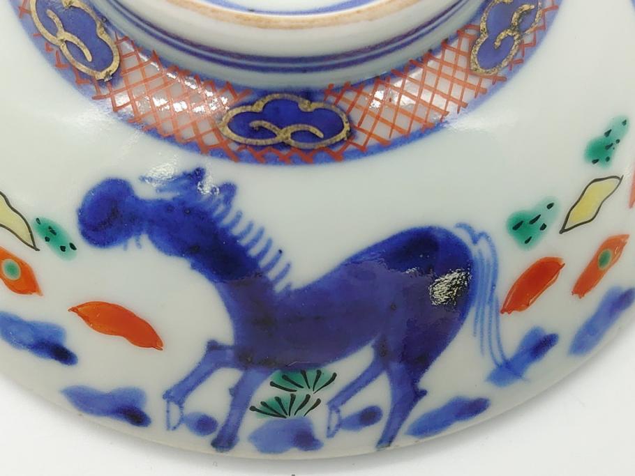 江戸期　萬暦年製　古伊万里　色絵　染付　稀少図柄　馬　3.8寸　約11.5cm　生き生きとした馬の絵付けが魅力の蓋付き茶碗3客セット(和食器、三寸八分)(R-062247)