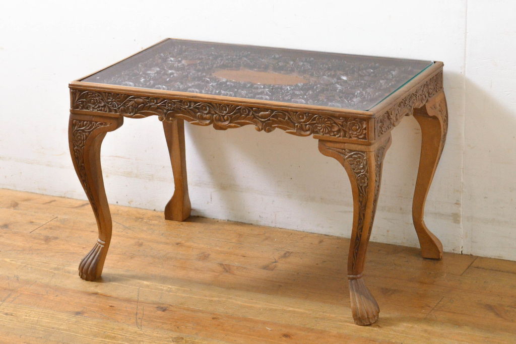 ラウンドテーブルアンティーク 木製テーブル シーシャムウッド サイドテーブル ラウンド  彫刻