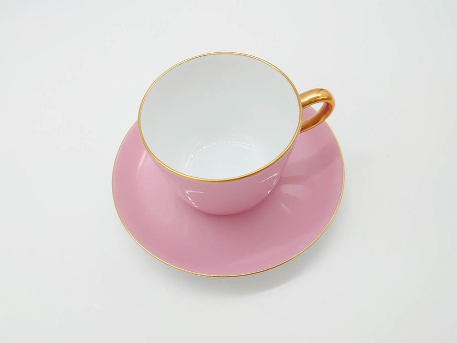 大倉陶園(OKURA、OAC)　色蒔き(ピンク)　シンプルながら上品な雰囲気を醸し出すモーニングカップ&ソーサー(洋食器、C&S、箱付き)(R-070220)