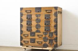 レトロ雑貨　明治大正期　ケヤキ材　漆塗り　鏡台付きの便利な裁縫箱(ソーイングボックス、針箱、小引き出し、小物収納、メイクボックス)(R-046280)
