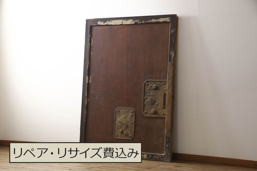 和製アンティーク 枠ヒノキ(檜)材・板ケヤキ(欅)材 鶴・亀 大きな金具