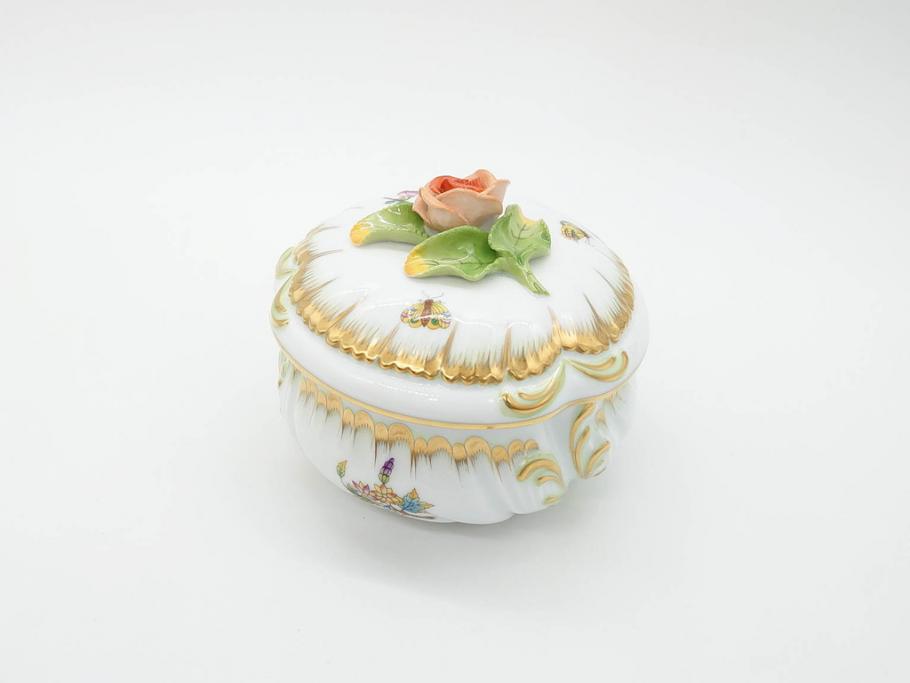 ヘレンド　ハンガリー　HEREND HVNGARY　ヴィクトリアブーケ　繊細な花の装飾がおしゃれなシュガーポット(HUNGARY、ボンボン入れ、小物入れ、菓子器、洋食器)(R-070338)