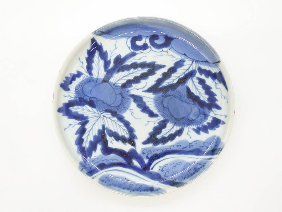 江戸期　古伊万里　染付　栗図　7.4寸　約23cm　藍色の濃淡が魅力的な中皿3枚セット(和食器、和皿、七寸四分)(R-070414)