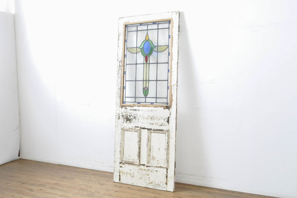 アンティーク建具　イギリスアンティーク　ステンドグラスがおしゃれな木製ドア1枚(木製扉、ガラス扉、玄関ドア)(R-063754)