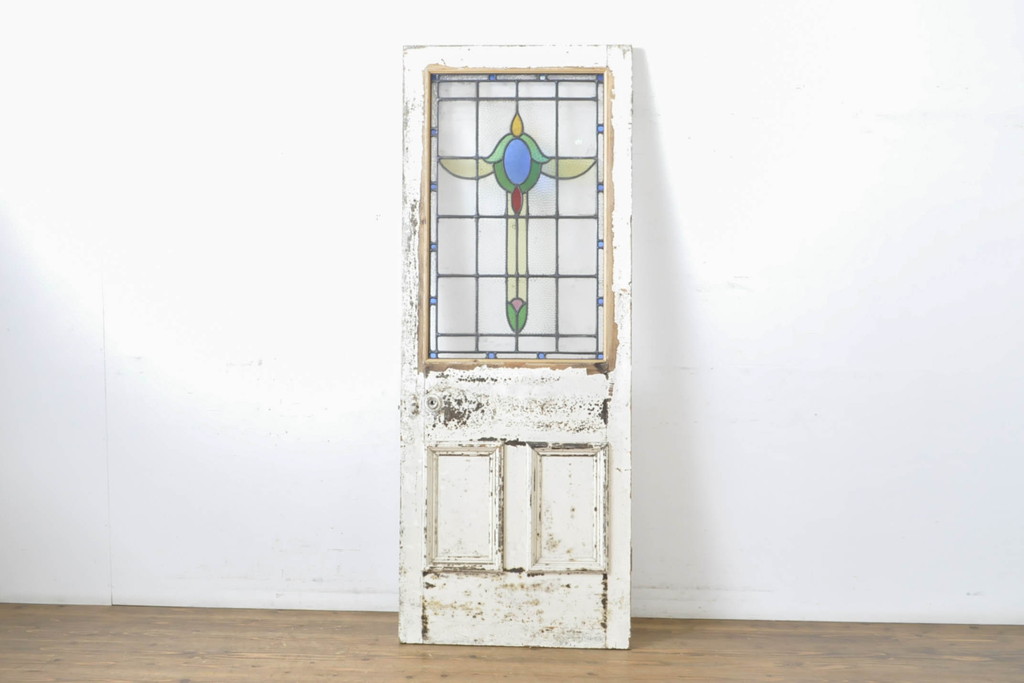 アンティーク建具　イギリスアンティーク　ステンドグラスがおしゃれな木製ドア1枚(木製扉、ガラス扉、玄関ドア)(R-063754)