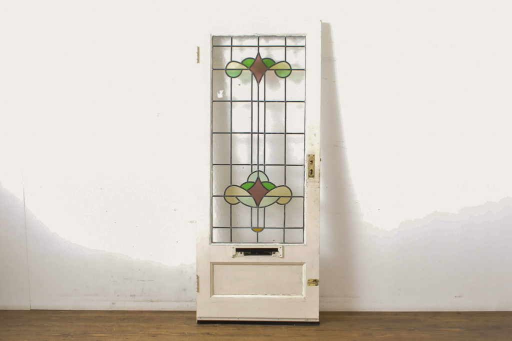 アンティーク建具　イギリスアンティーク　レトロなデザインがおしゃれなステンドグラスのドア1枚(ガラス扉、木製扉、玄関ドア)(R-063759)