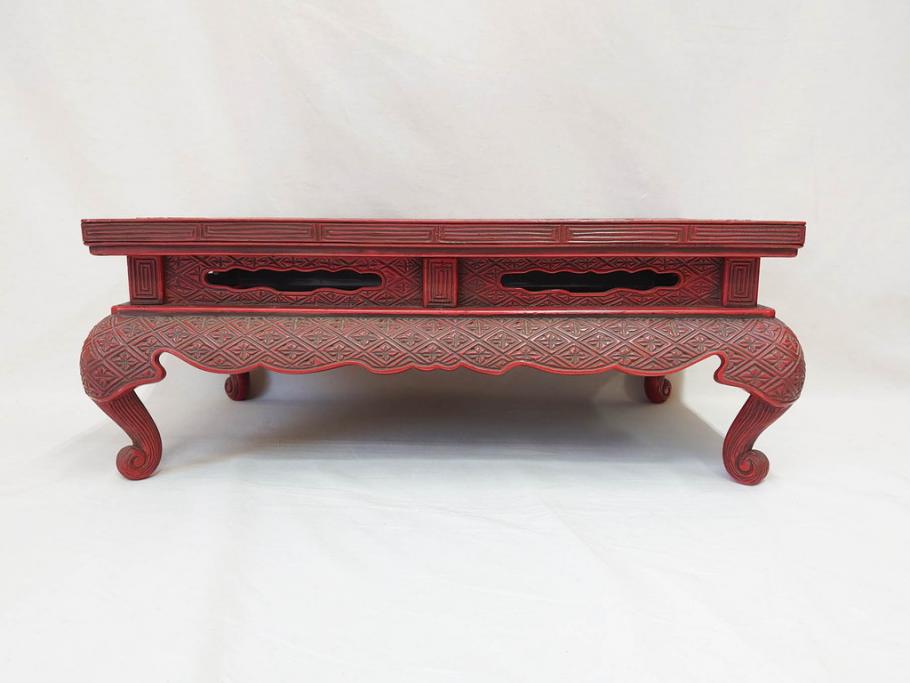 昭和初期　堆朱　牡丹彫　緻密な彫りの意匠が見事な平卓(花台、ミニテーブル、飾り台、木製、箱付き)(R-070764)