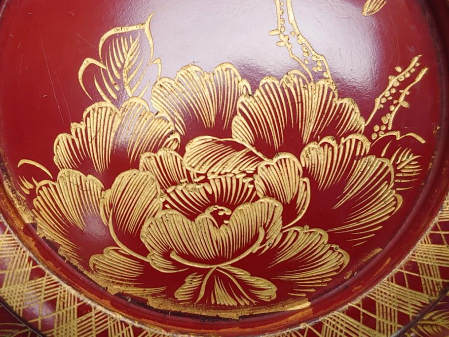 沈金　朱塗り　花鳥文　4.3寸　約13cm　食卓を華やかに彩る蓋付き椀10客セット(木製、漆器、汁椀、和食器、四寸三分)(R-062352)