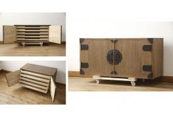和製アンティーク　ナラ材　大正ロマン　上品なデザインがお部屋に取り入れやすいサイドボード(サイドキャビネット、引き出し、収納棚、戸棚)(R-060234)
