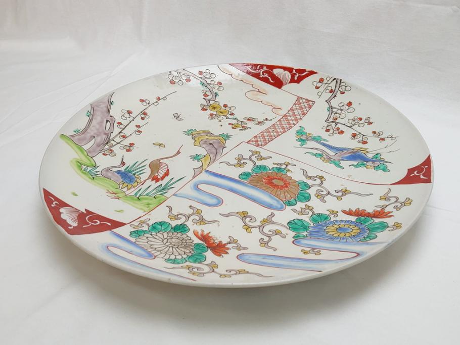 幕末期 伊万里焼 色絵 梅 双鶴 花文 1尺4寸皿 約41cm 色彩豊かで食卓が