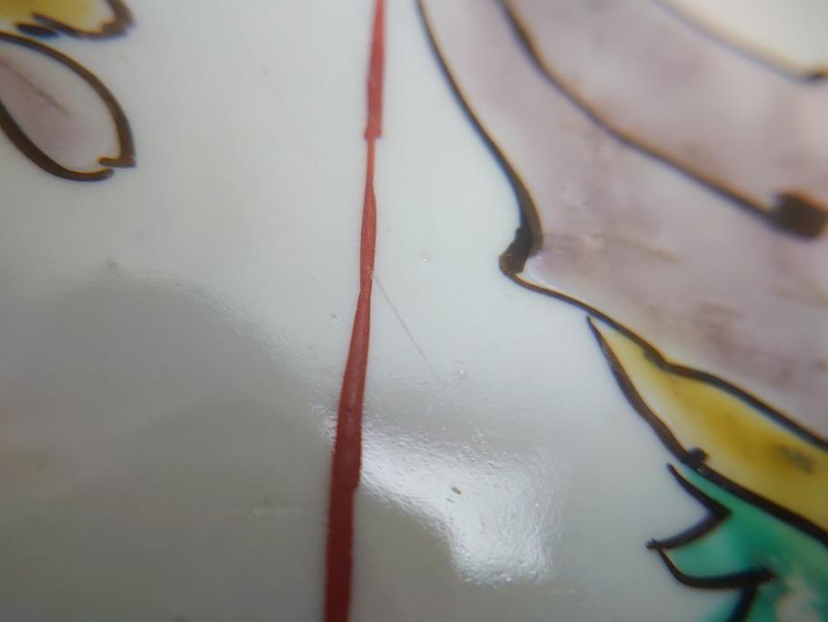 幕末期　伊万里焼　色絵　梅　双鶴　花文　1尺4寸皿　約41cm　色彩豊かで食卓が華やぐ大皿(一尺四寸、和食器、和皿)(R-062388)