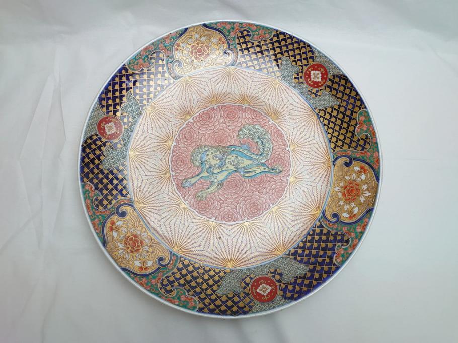 極上品!　江戸期　古伊万里　金彩　色絵　錦手　獅子　鳥　花文　1尺5寸皿　約46.5cm　繊細な筆書きにより珍しい図柄を描いた大皿(一尺五寸、和食器、和皿)(R-062429)