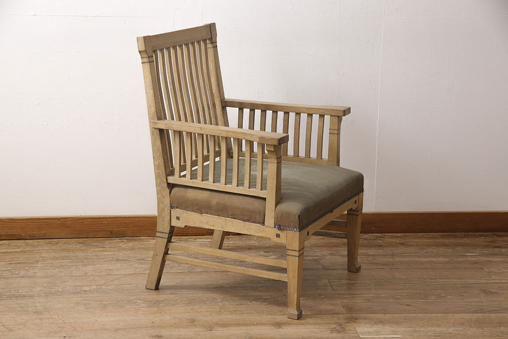 和製アンティーク　大正ロマン　ナラ材　象嵌入り　木の温かみが感じられるラウンジチェア(アームチェア、1人掛けソファ、椅子)(R-053767)