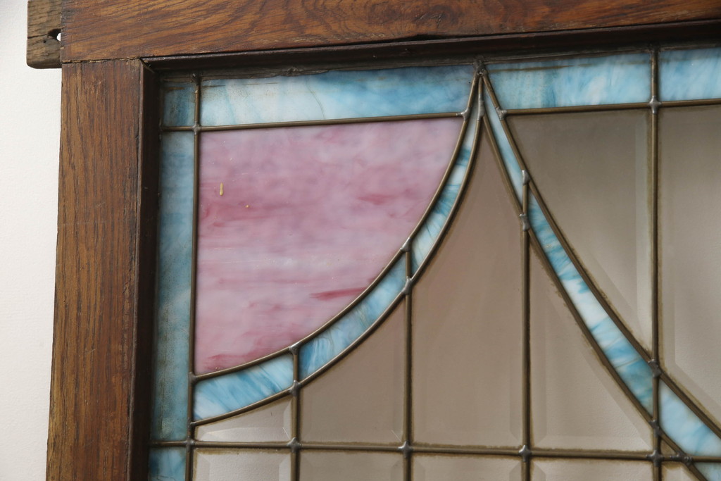 アンティーク建具　特大!!　イギリスより買い付け　オーク材　レトロな雰囲気のステンドグラスドアと明かり取りのセット(親子ドア、ステンドガラス、ガラス扉、明り取り、建具、英国)(R-070524)