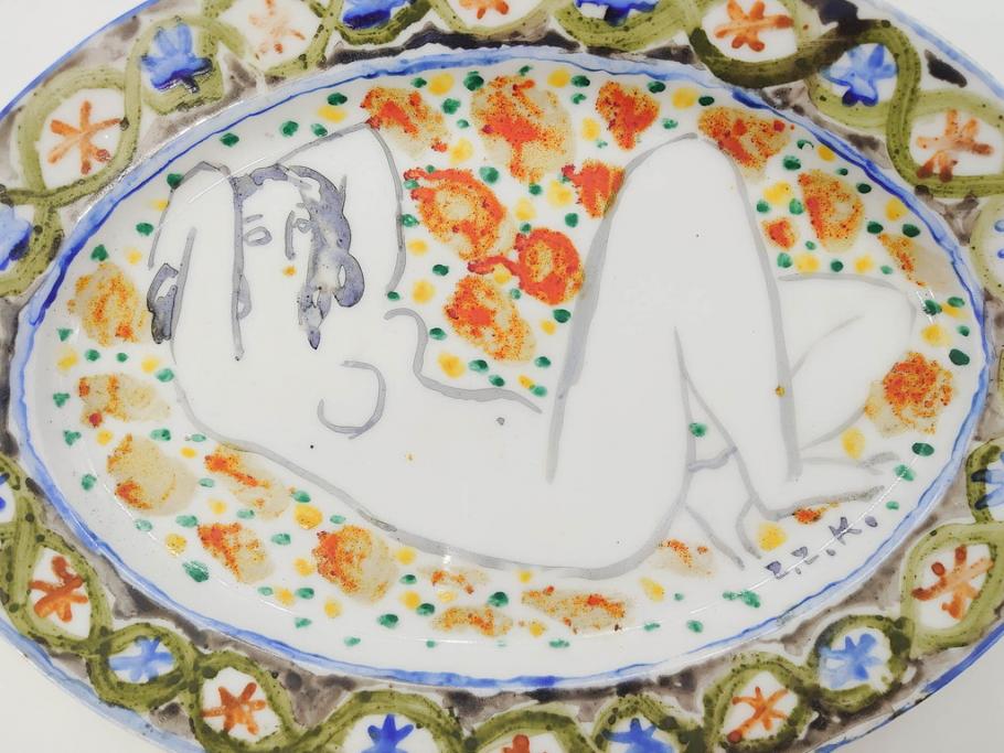 超稀少　児島善三郎　多彩なデザインが目を惹く絵付け皿(ペイント、ペインティング、絵画、油彩、油絵、裸婦、大皿、飾り皿)(R-070969)