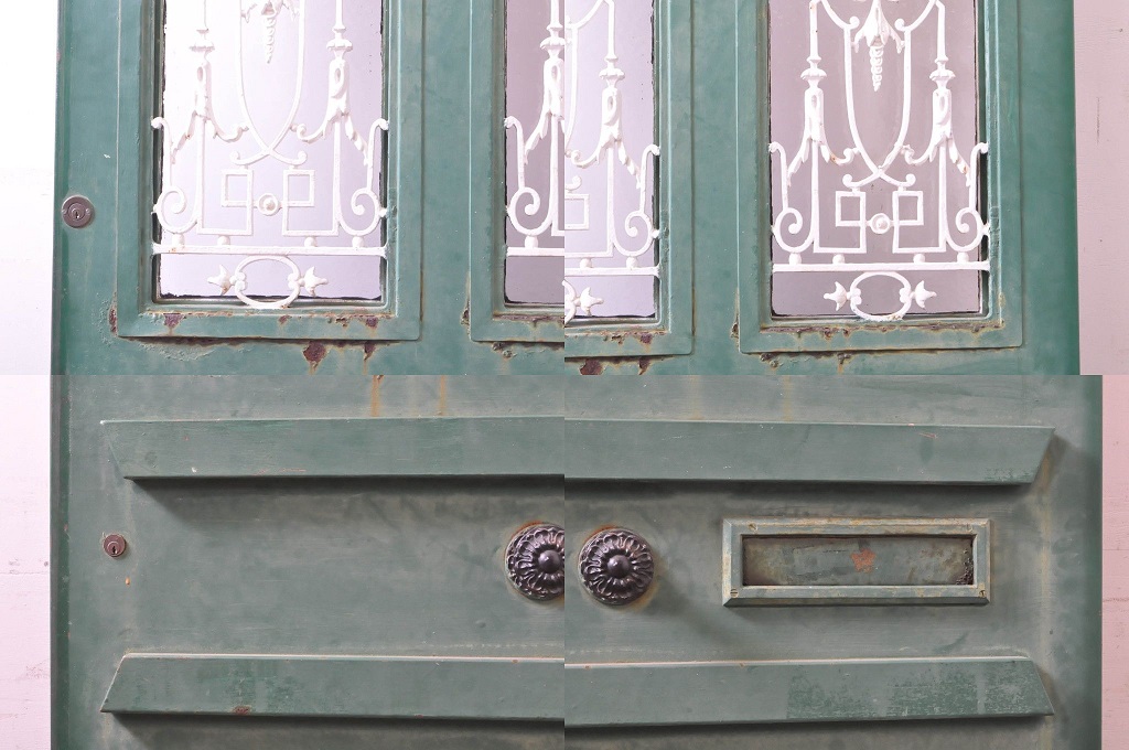 海外アンティーク　ペイント仕上げ限定　凝ったデザインのアイアンフェンス入り鉄製ドア1枚と明かり取り1枚セット(建具、鉄扉、明り取り)(R-068505)