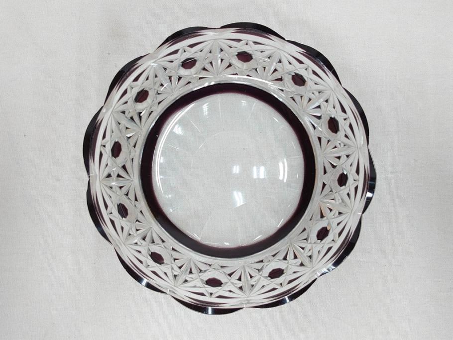 大正〜昭和初期　切子　細やかな意匠が施されたボウル&皿6枚セット(ガラス、硝子、深皿)(R-070736)