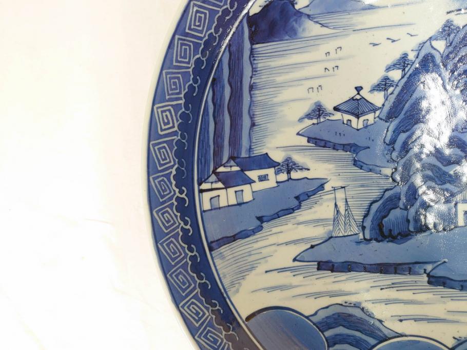 江戸期　古伊万里　染付　1尺5寸　約47cm　繊細に描かれた山水図が上質な和の雰囲気を高める大皿(和皿、和食器、一尺五寸)(R-071726)