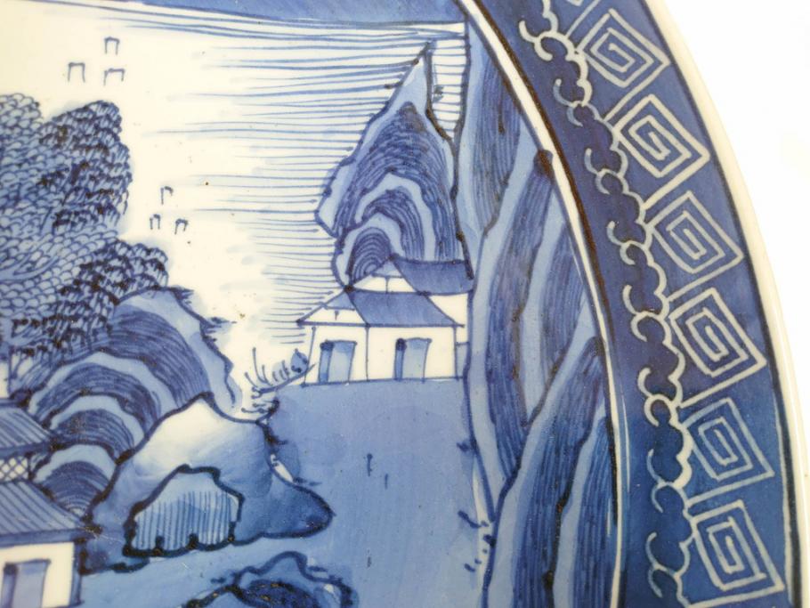 江戸期　古伊万里　染付　1尺5寸　約47cm　繊細に描かれた山水図が上質な和の雰囲気を高める大皿(和皿、和食器、一尺五寸)(R-071726)