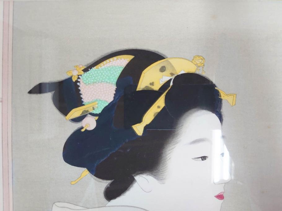 上村松園　「若葉」　モモセ版画美術　限定300部のうち292番　気品の漂う女性の姿を見事に表現された手摺木版画(人物画、絵画、額装、箱付き)(R-071745)