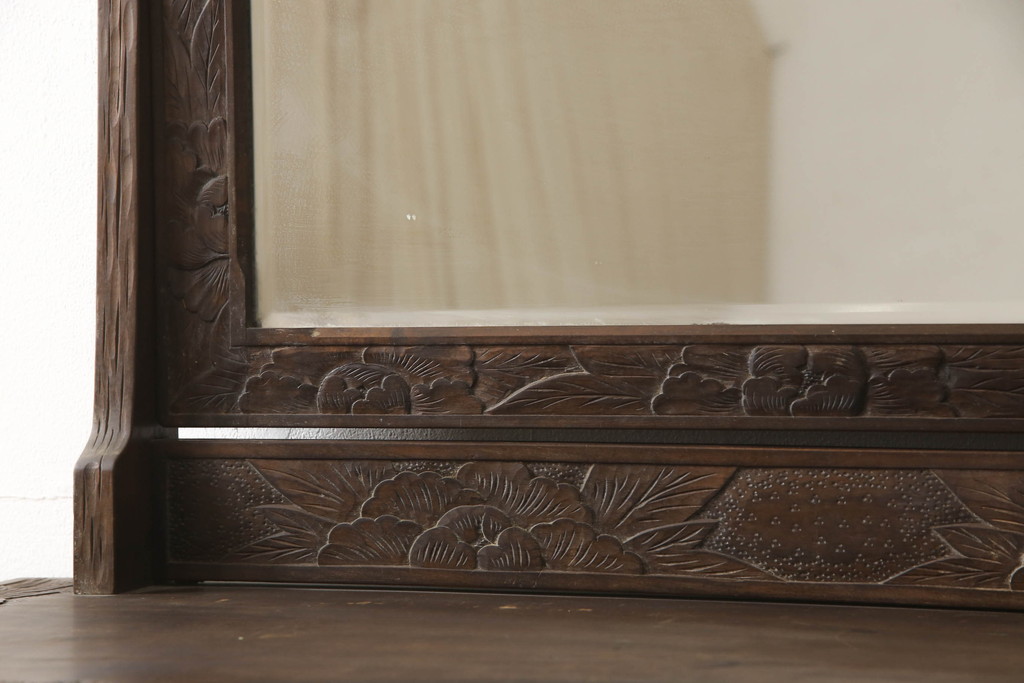 中古　軽井沢彫り　牡丹の彫刻に目を奪われるドレッサー(ドレッシングチェスト、鏡台、ミラー、引き出し、化粧台)(R-063416)