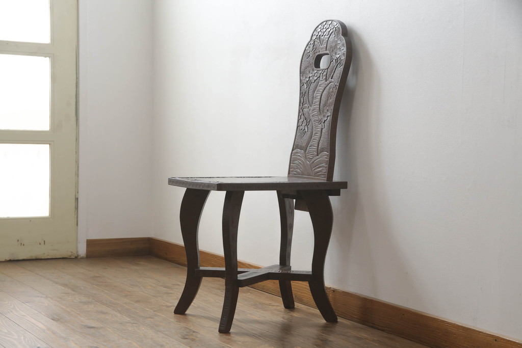 和製ビンテージ　軽井沢彫り　和モダンな佇まいが魅力のダイニングチェア(板座チェア、椅子、イス、ヴィンテージ)(R-066902)