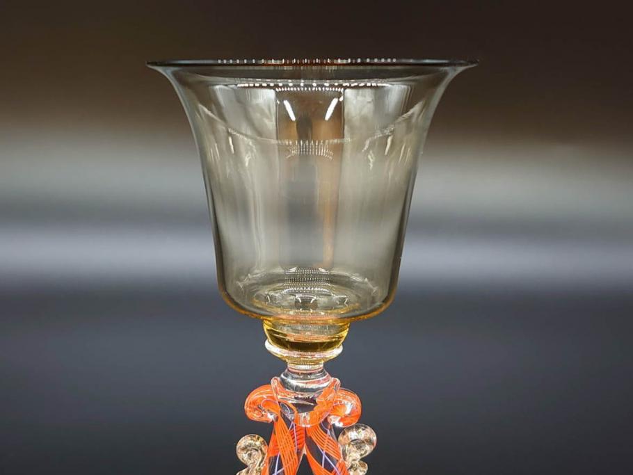 イタリア　ムラノガラス　ベネチアンガラス　金彩　細やかな意匠が美しいワイングラス2客セット(ヴェネチアングラス、MURANO、ムラーノガラス、作家物)(R-071814)