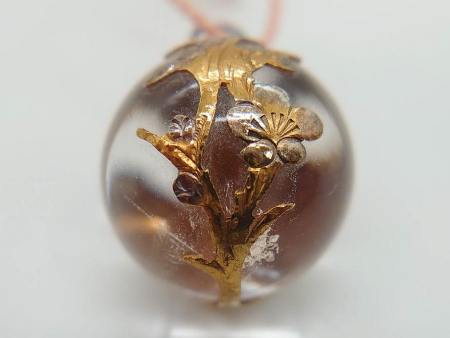 戦前　昭和初期　山梨　商会　緻密に作り込まれた装飾が美しい水晶(提げ物、根付、金工、梅、うめ、箱付き)(R-071821)