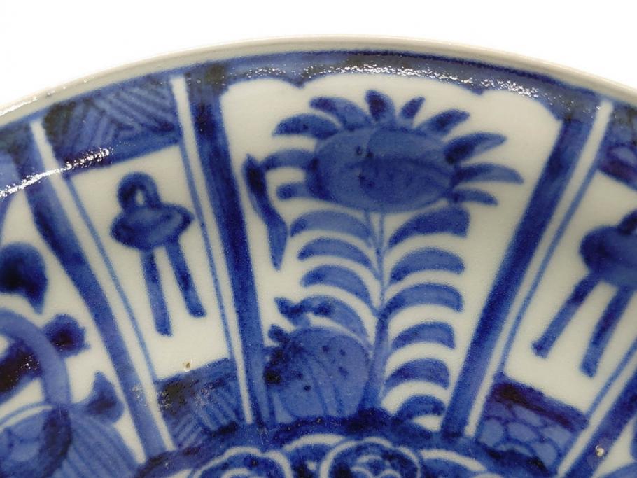 江戸期　古伊万里　染付　芙蓉手　鳥の図　約22cm　7寸　はっきりとした藍色のデザインが目を惹く中皿(鷹?、和皿、和食器、七寸)(R-073017)