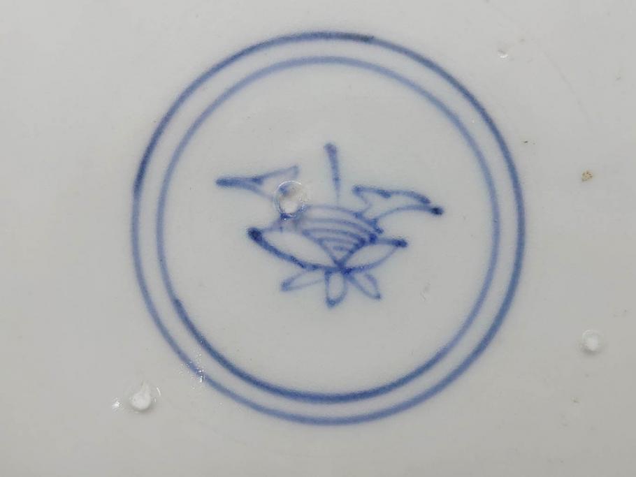 江戸期　古伊万里　染付　芙蓉手　鳥の図　約22cm　7寸　はっきりとした藍色のデザインが目を惹く中皿(鷹?、和皿、和食器、七寸)(R-073017)