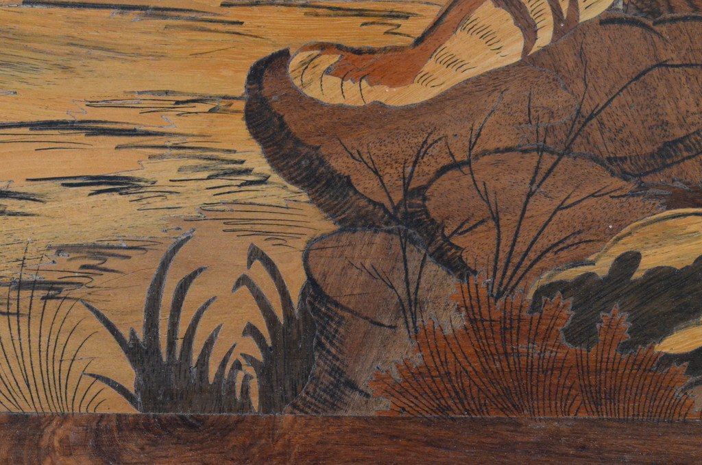 和製ビンテージ　伝統工芸　箱根　寄木細工　木象嵌の意匠が目を惹く虎の図絵画(ヴィンテージ、壁掛け)(R-064969)