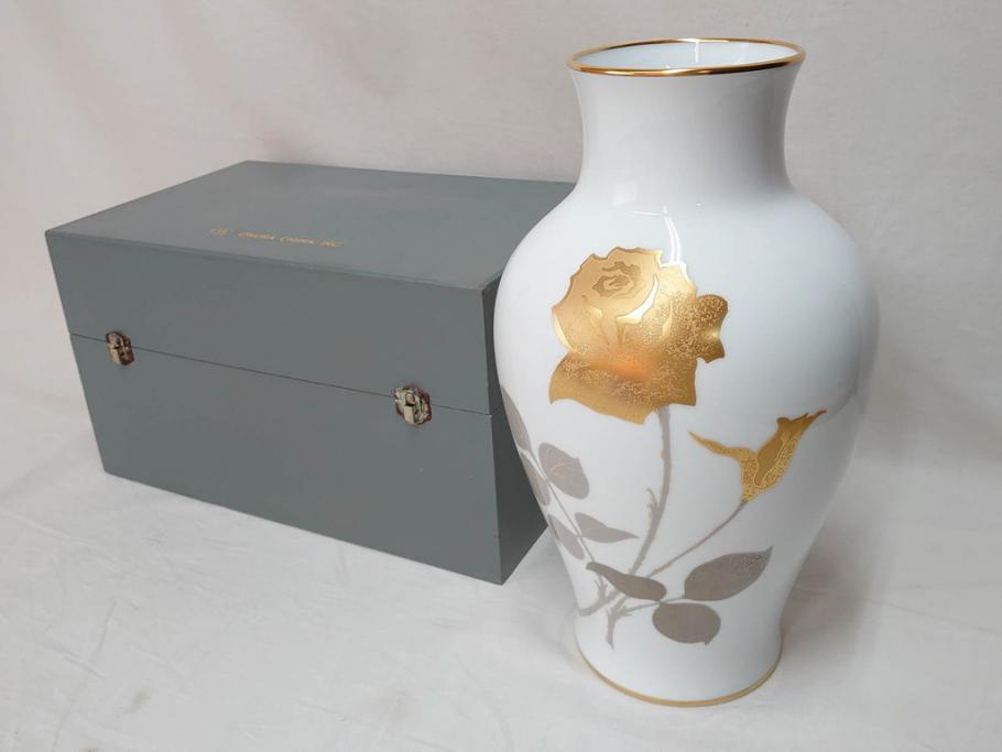OKURA (大倉陶園) 花瓶 金蝕バラ 箱付き230829 - 花瓶・フラワースタンド