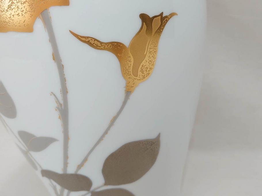 大倉陶園(OKURA、OAC)　金蝕バラ　モダンなデザインで気品溢れる花器(OKURA CHINA、エッチング、金くさらし、花瓶、花入、フラワーベース、ケース付き)(R-073037)
