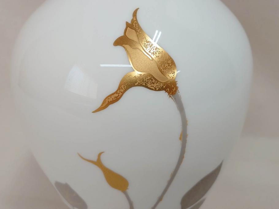 大倉陶園(OKURA、OAC)　金蝕バラ　モダンなデザインで気品溢れる花器(OKURA CHINA、エッチング、金くさらし、花瓶、花入、フラワーベース、ケース付き)(R-073037)
