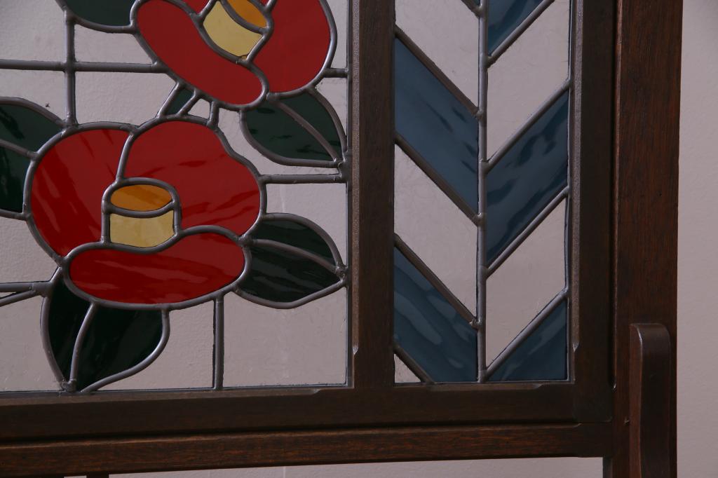 【セミオーダー家具実例】アンティークの衝立をリメイクしました。当時物の色ガラスとラフジュ工房オリジナルのステンドグラスを組み入れ、色鮮やかな大正ロマン香る仕上がりに!(つい立て、間仕切り、パーテーション)