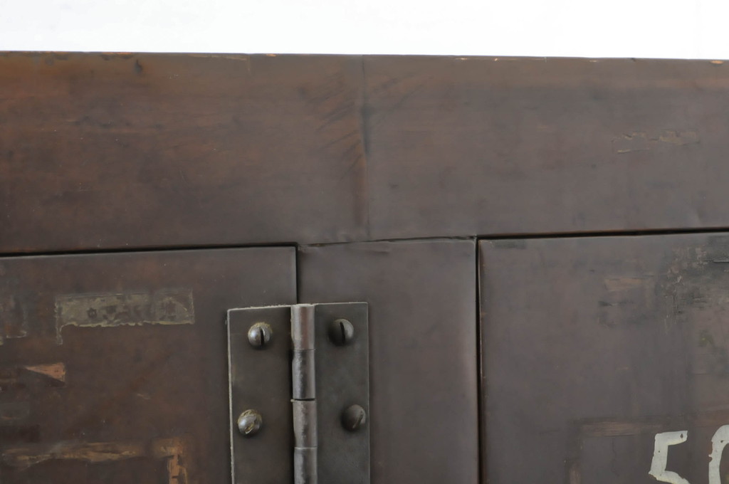 和製アンティーク　激レア　希少　銅製の扉が無骨でかっこいい横長ガラスケース(ショーケース、飾り棚、陳列棚、店舗什器)(R-064524)