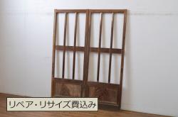 和製アンティーク　ヒノキ材　幅狭 市松模様のガラス入り格子蔵戸(ガラス引き戸、格子戸、建具、玄関戸)