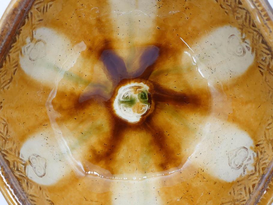 舩木研兒(船木研児)　黄釉押紋　約23cm　7.4寸　細やかなデザインが上品な雰囲気を醸し出す六角鉢(深鉢、深皿、和皿、和食器、七寸四分、共箱付き)(R-073193)