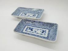 アンティーク雑貨　江戸期　古伊万里　船の図　染付小皿2枚セット(和食器)(R-040034)