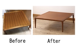 【セミオーダー家具実例】お客様持ち込みの座卓に高品質リペア!折れた脚1本を修復し、見た目に違和感のないよう仕上げ。天板の傷みも修復、再塗装しました。(ローテーブル、センターテーブル)