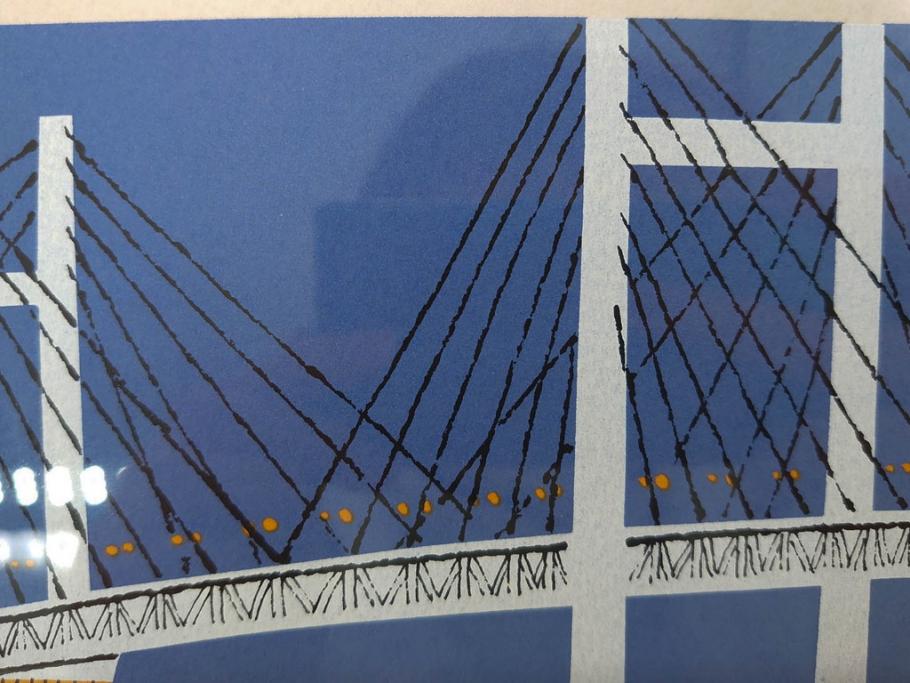 柳原良平　横浜ベイブリッジ夜景　限定2000部　リトグラフ(版画、額装、イラストレーター、記念品)(R-073773)