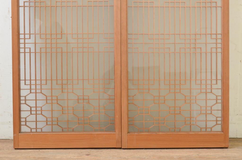 アンティーク建具　両面ガラス　落ち着いた和の雰囲気を演出する組子入り書院戸2枚セット(引き戸、ガラス戸、窓)(R-070989)
