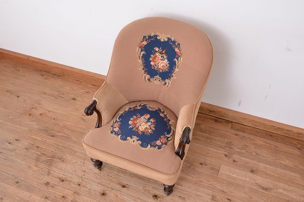 イギリスアンティーク　マホガニーゴブラン織り　上質なラウンジチェア(1人掛けソファ、椅子、イス)　