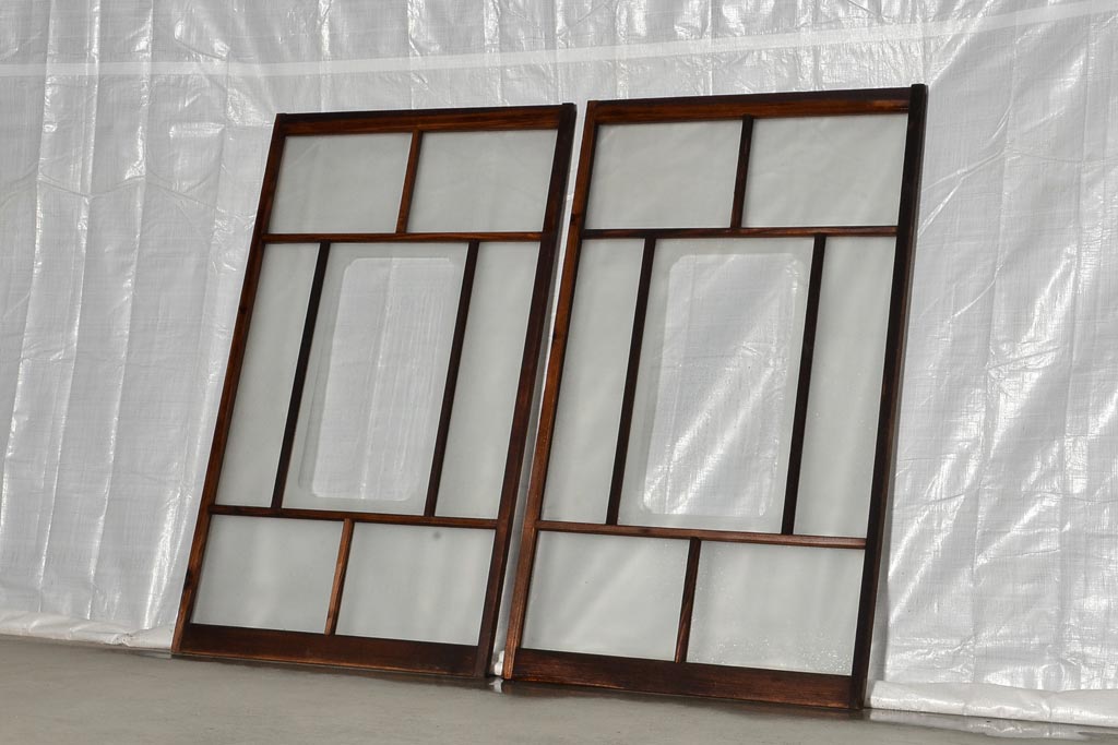 卓出 タA0751 ×2枚 珍しいグレーの様な透明ガラスの古い木枠引き戸 古建具 窓 ガラス戸 レトロ ビンテージK笹1