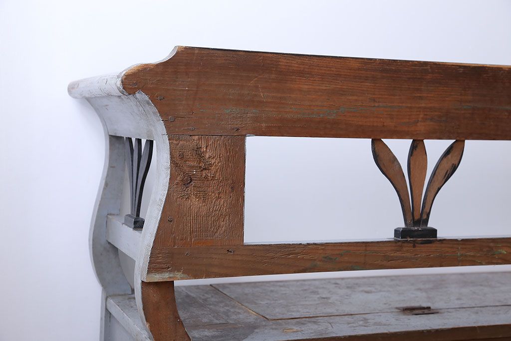 アンティーク家具　イギリスアンティーク 収納ボックス付き!オリジナルペイントの特大ベンチ