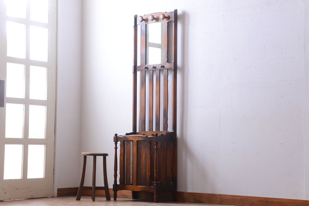 昭和レトロ ヨシムラ家具 木製 立て掛け式鏡 傘立て ハンガーラック ビンテージ